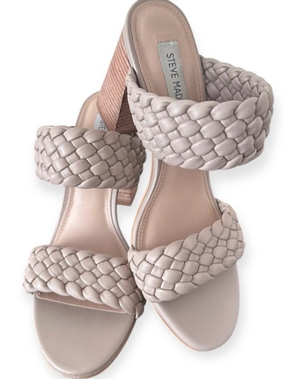 Steve Madden Tielo Woven Braided Double-Strap Block Heel Sandals in Bone Cream